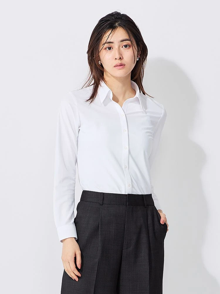 完全ノーアイロン/15号展開】長袖アイシャツブラウス 無地 スキッパー