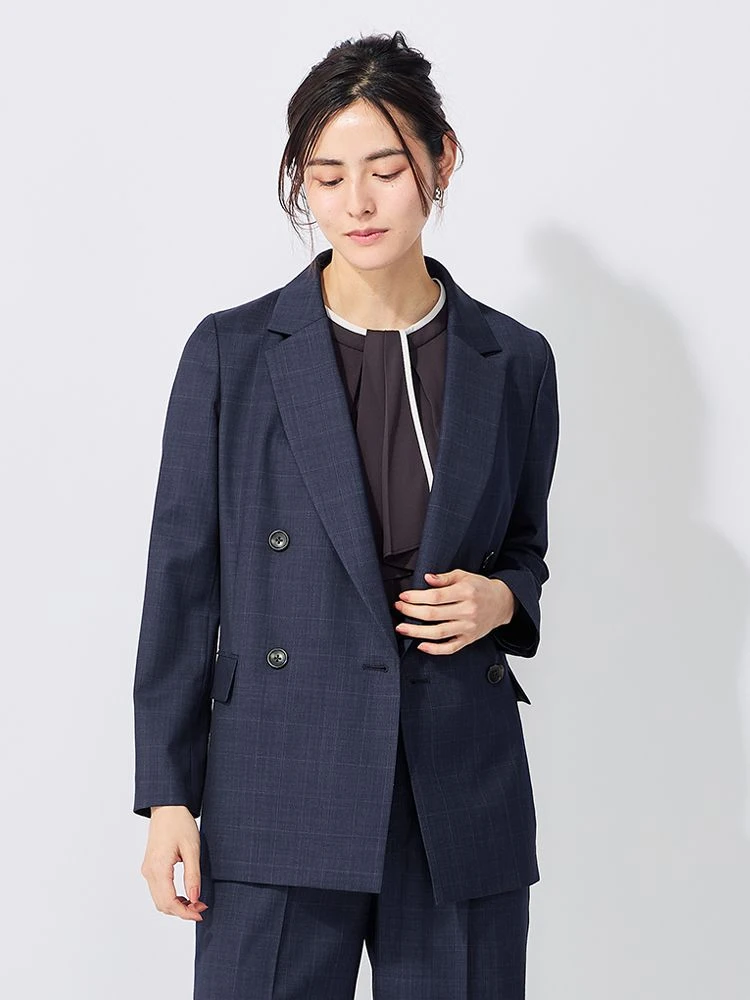 デニムライクスーツ チェック柄 ダブルジャケット ネイビー | P.S.FA