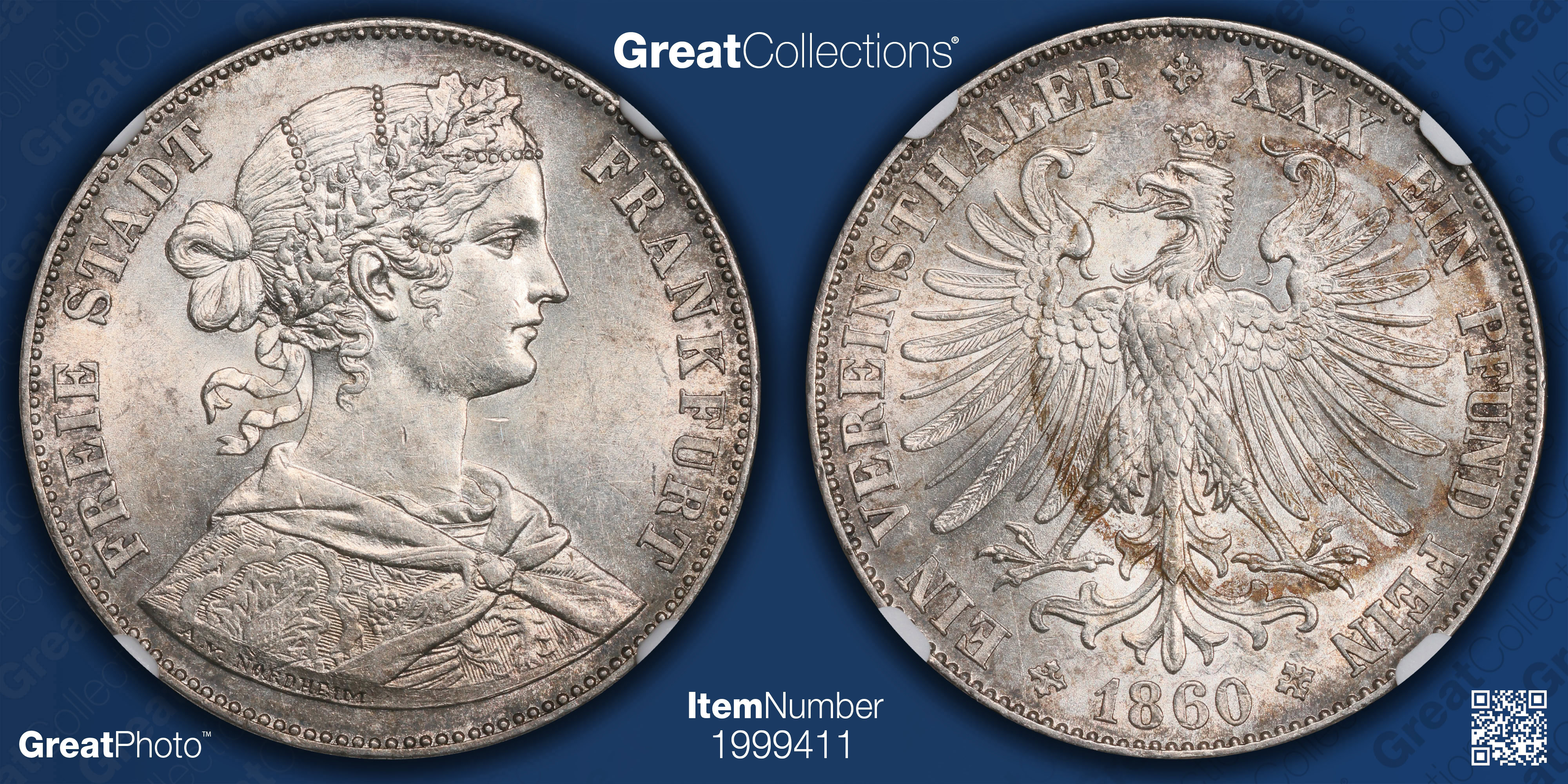 Germany - Frankfurt 1860 Silver Thaler KM-360 NGC MS-61 (Item