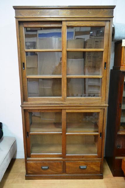 昭和レトロ 時代物 木製 ガラス扉 本棚 食器棚 木象嵌 ブックシェルフ