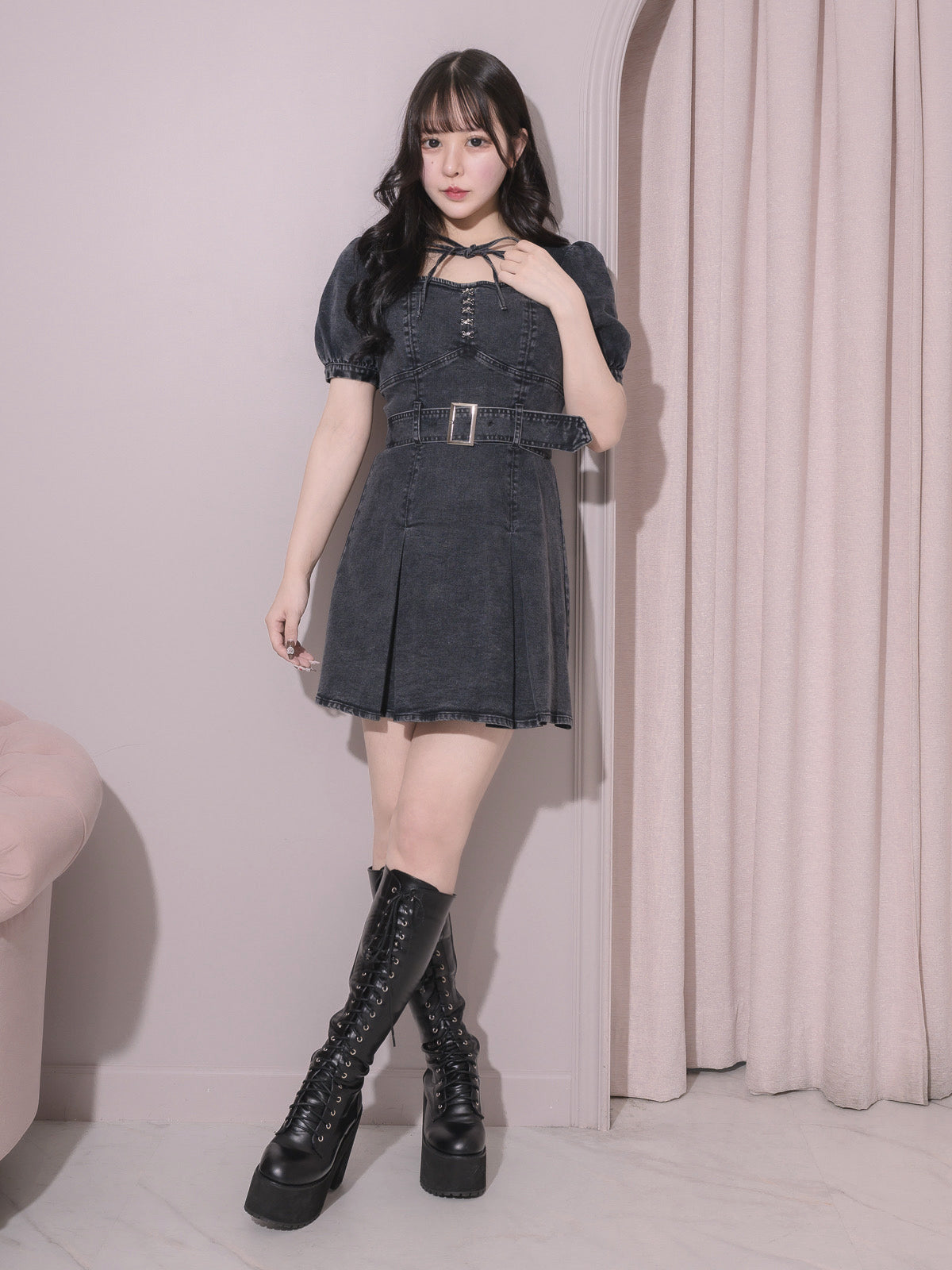 プリーツベルトデニムミニワンピース – pium