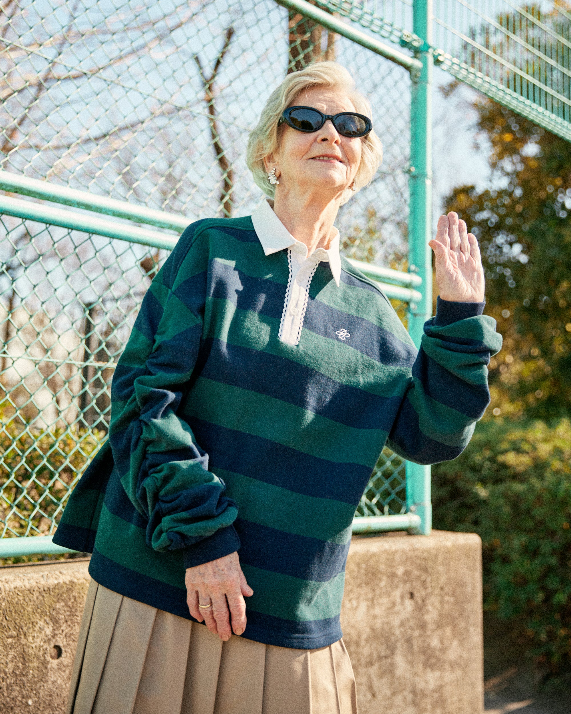 Gathered sleeve rugby shirt (green/navy)