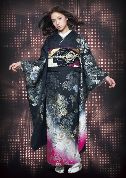 モードスタイル】FS-110｜ピンクから白黒へのぼかしが珍しいバラ柄振袖