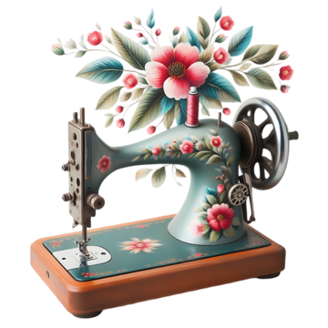 レトロなミシンの花の装飾的なロゴイラスト画像とPSDフリー素材透過の