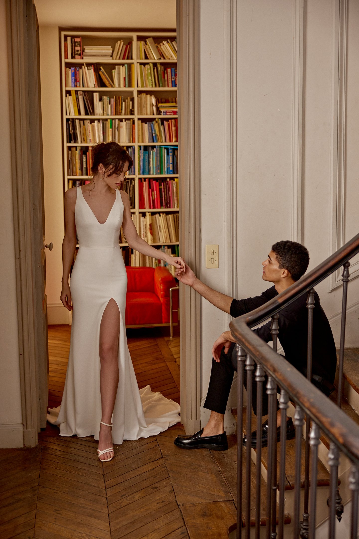 Sophie: Modern Crepe Fit and Flare with V-Neckline and Deep Scoop