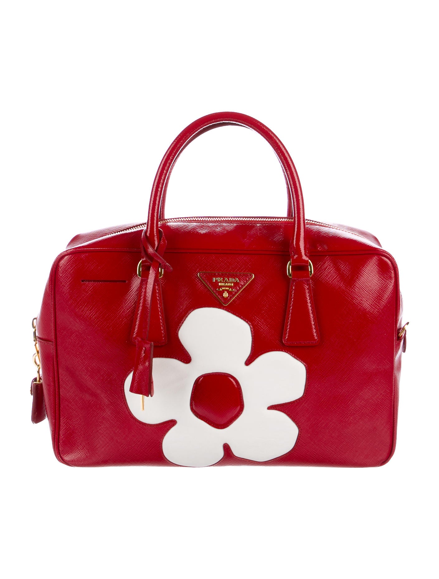 Prada Saffiano Vernice Flower Bag - Red Handle Bags, Handbags