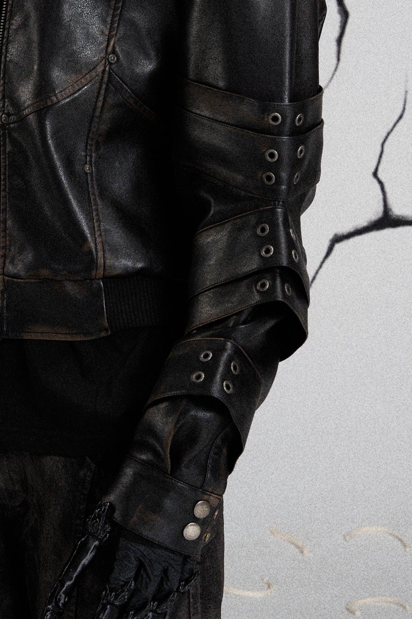 FLYERRER Mutation Layered Armor Spliced Faux Leather Jacket Black