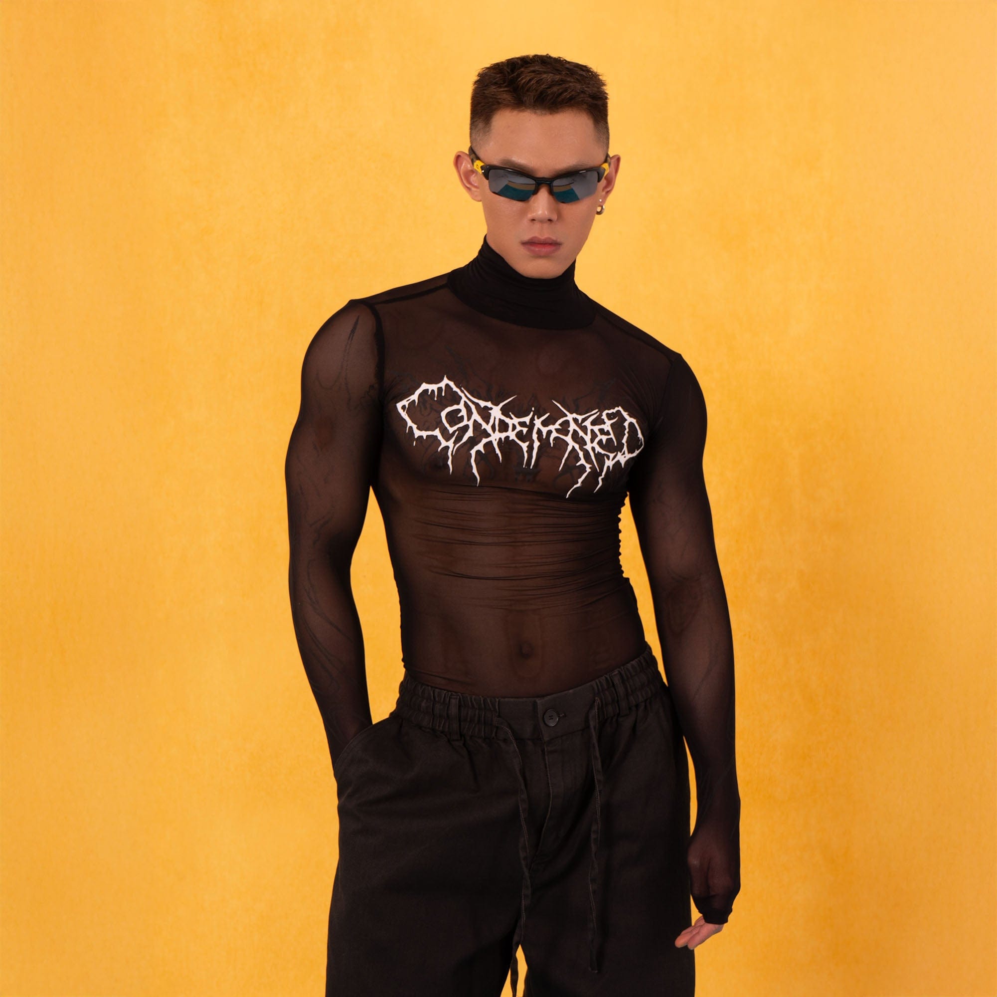 CLP Abstract Graphic Mesh Sheer Slim Turtleneck