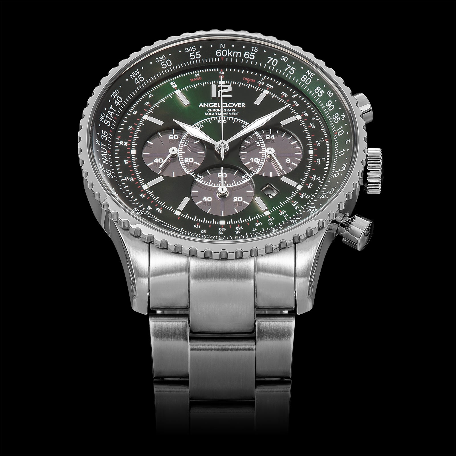 複雑な航空回転計算尺を備えた、ソーラー駆動のパイロットクロノグラフ