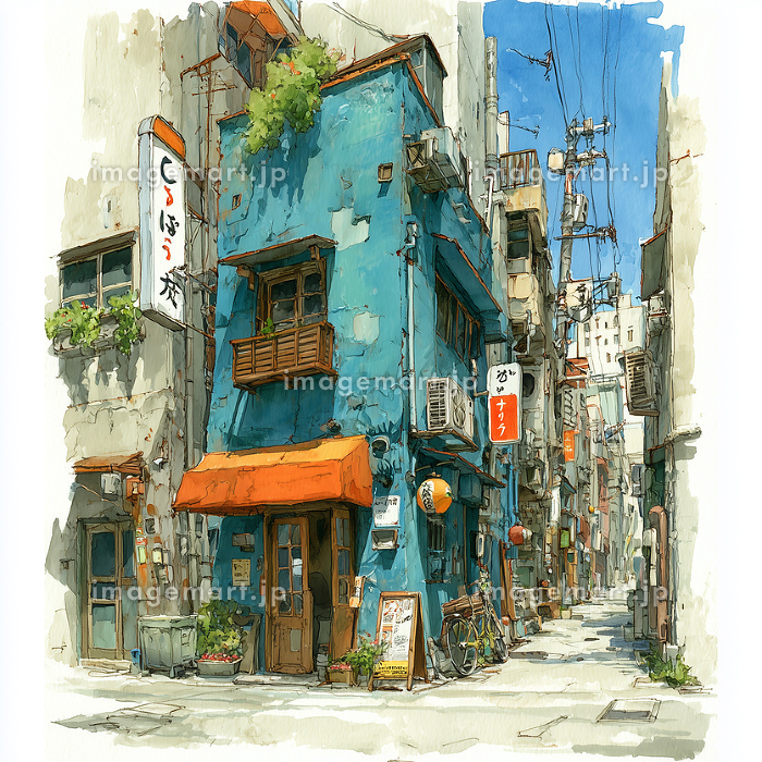 レトロ昭和スタイルな日本街角風景イラスト｜クラシックカー、自転車