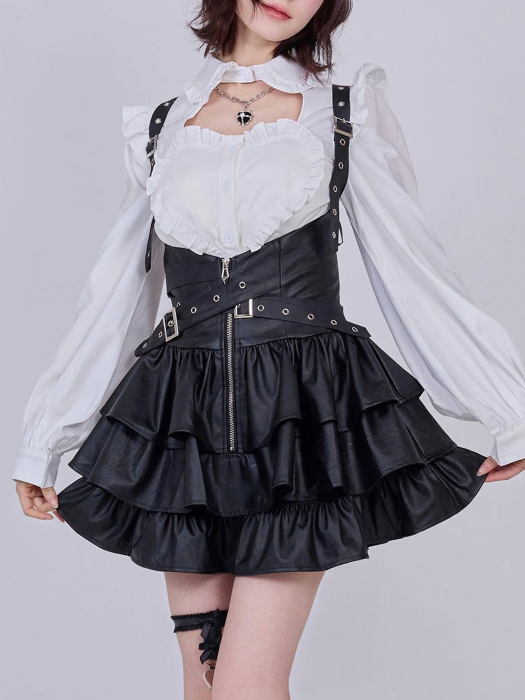 IMVAL / Frill Leather Dress [BLK] - QOOZA