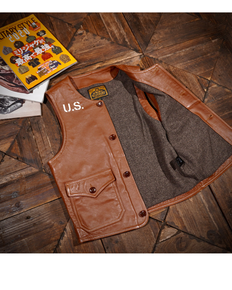 ヴィンテージデザイン復刻 USステンシルプリント カウレザー ベスト