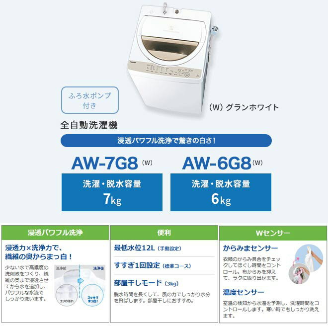 楽天市場】東芝ライフスタイル TOSHIBA 全自動洗濯機 AW-7G8(W) | 価格