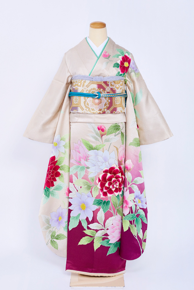 A-64 生成地 手描き友禅 牡丹柄 - 円居の着物レンタル－東京・日本橋