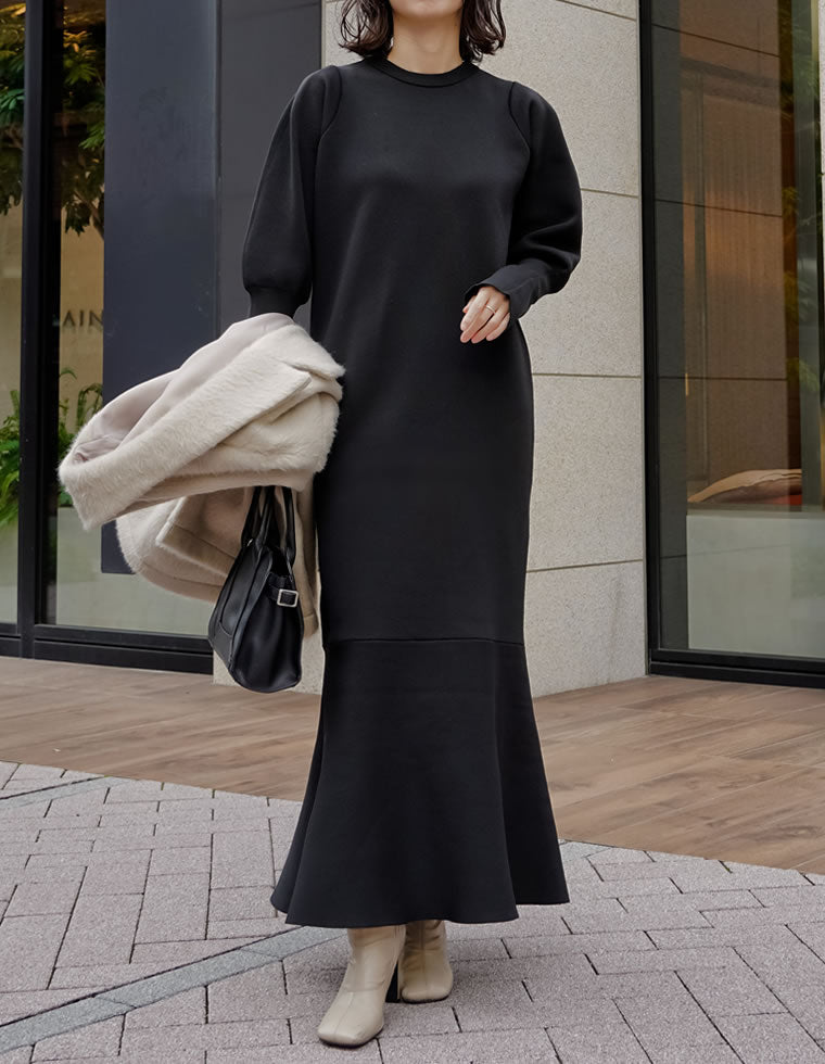 ミラノリブパフスリーブスポンジニットマーメイドワンピース