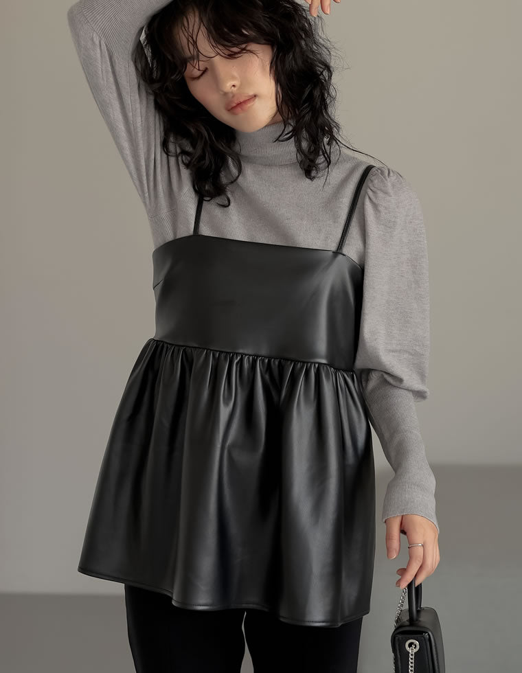 フェイクレザーベアキャミソールペプラムトップス - トップス通販