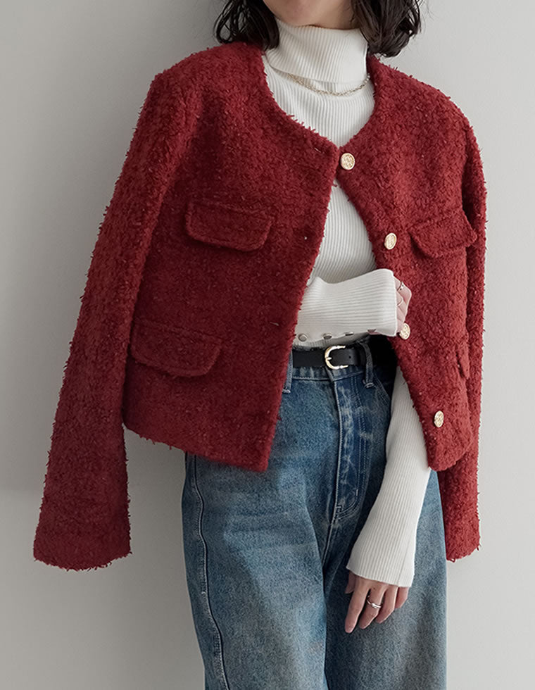 ボアリボン金釦ノーカラーツイードジャケット - ジャケット/アウター