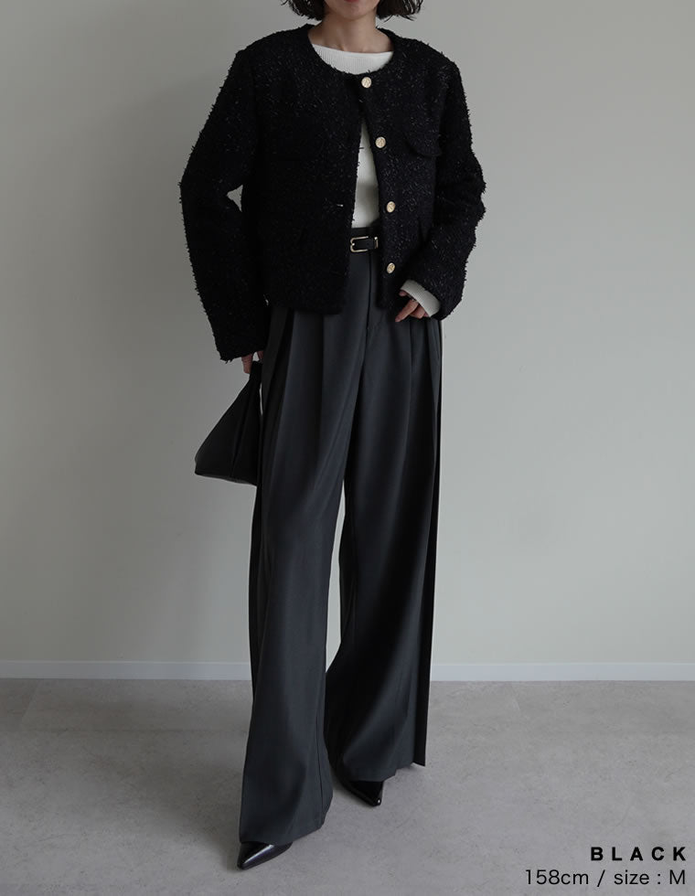 ボアリボン金釦ノーカラーツイードジャケット - ジャケット/アウター