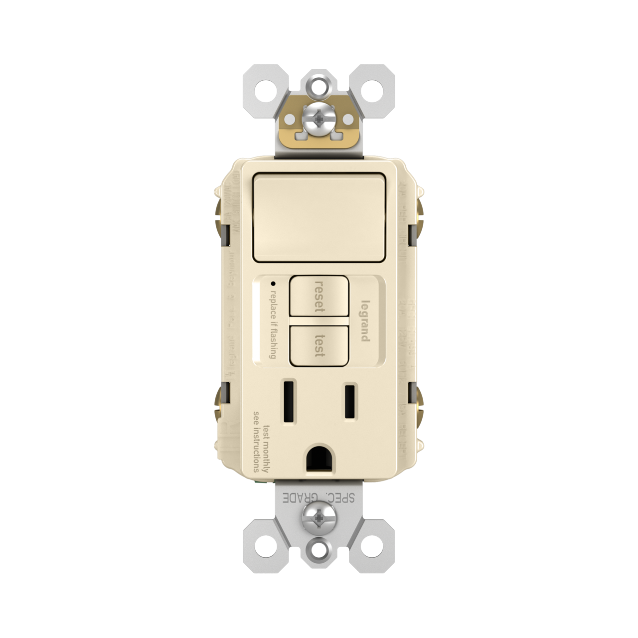radiant Single Pole Switch with Tamper Resistant Self Test GFCI Outlet