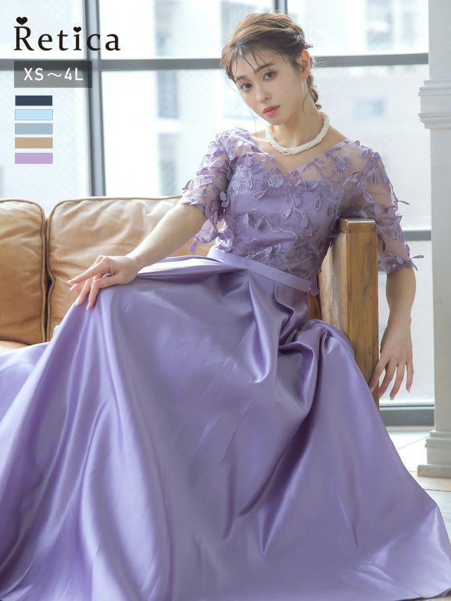 SALE] Vネック立体刺繍レース袖ありロング丈パーティードレス (XS