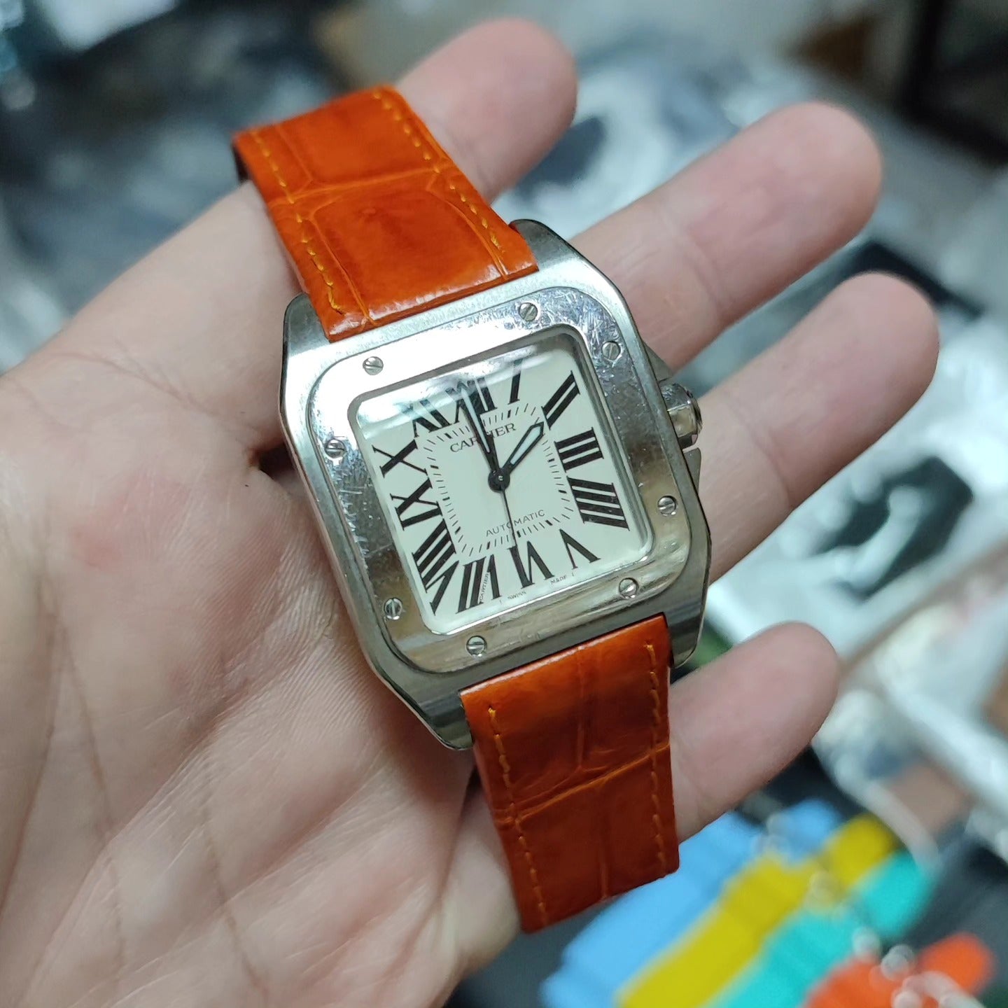 20mm, 23mm Orange Alligator Leather Watch Strap For Cartier Santos