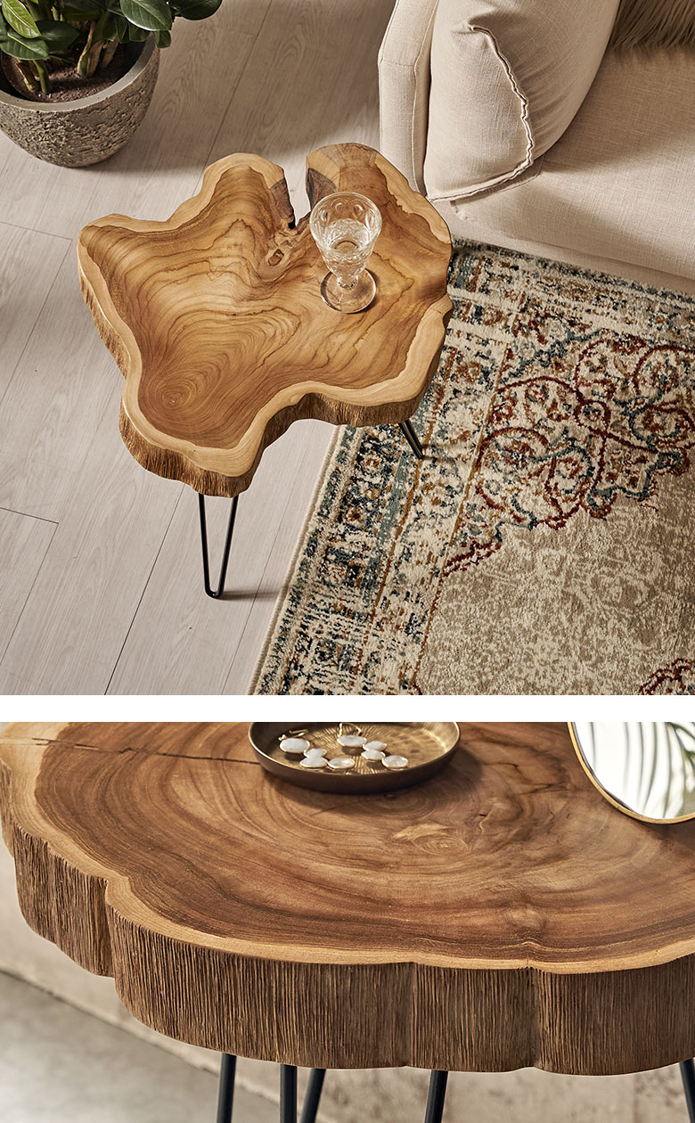 オールドチーク天然無垢材木製創作極太サイドテーブル L（直径54