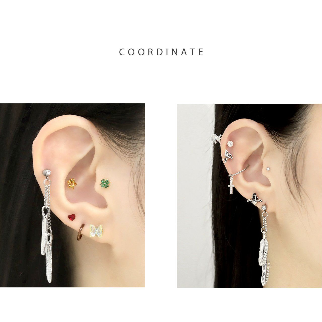 軟骨ピアス 16G ダブル フェザー 羽 チェーン 金属アレルギー対応