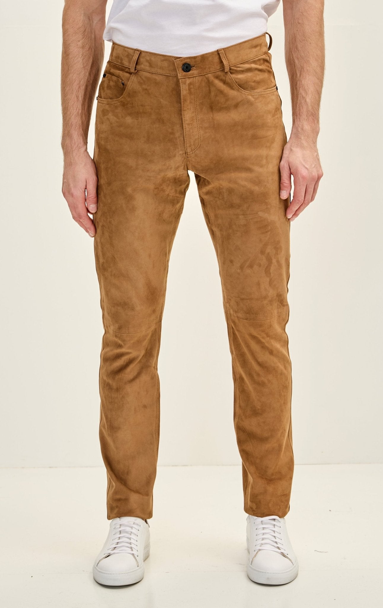 Men's Genuine Lambskin Fitted Suede Pants - Camel - Ron Tomson