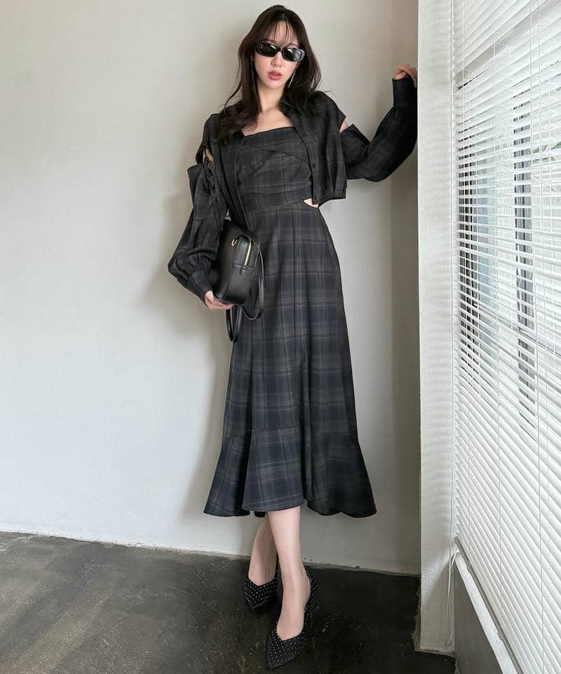 チェック柄カッティングキャミフレアワンピース｜ROYAL PARTY ロイヤル