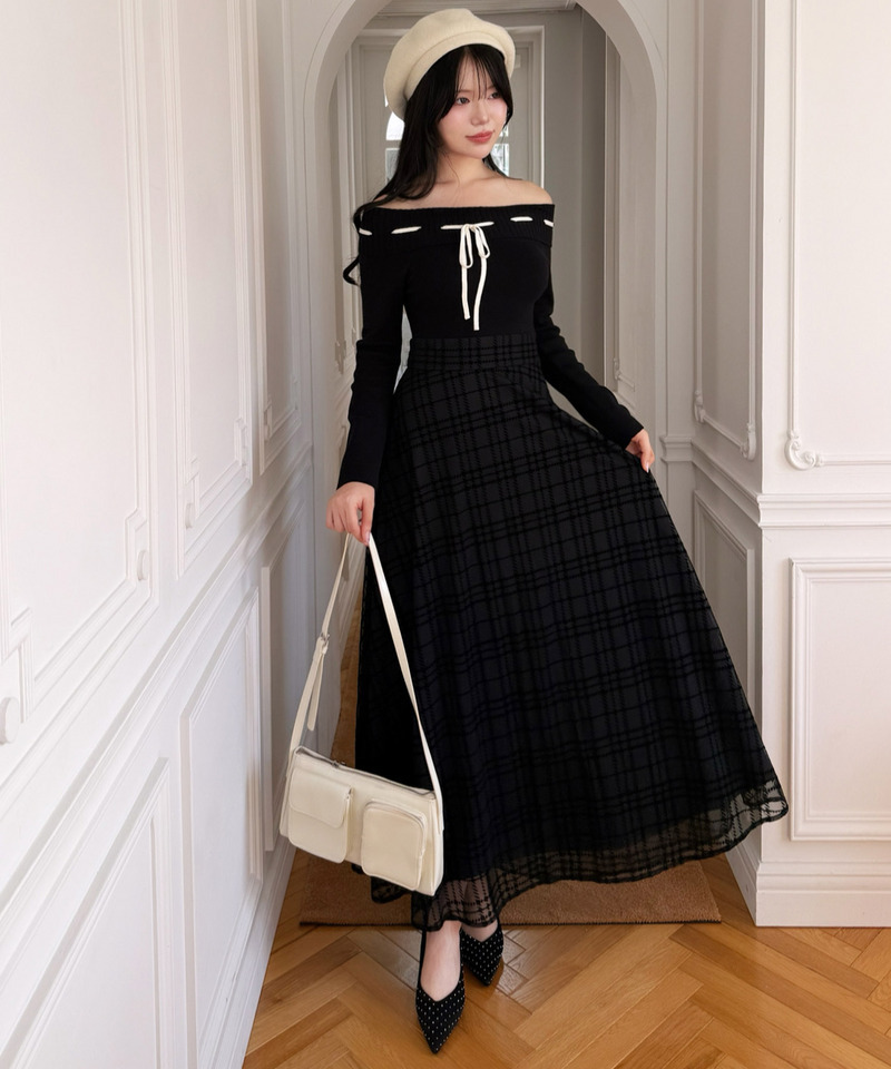 配色リボンフロッキーチェックドッキングワンピース｜ROYAL PARTY