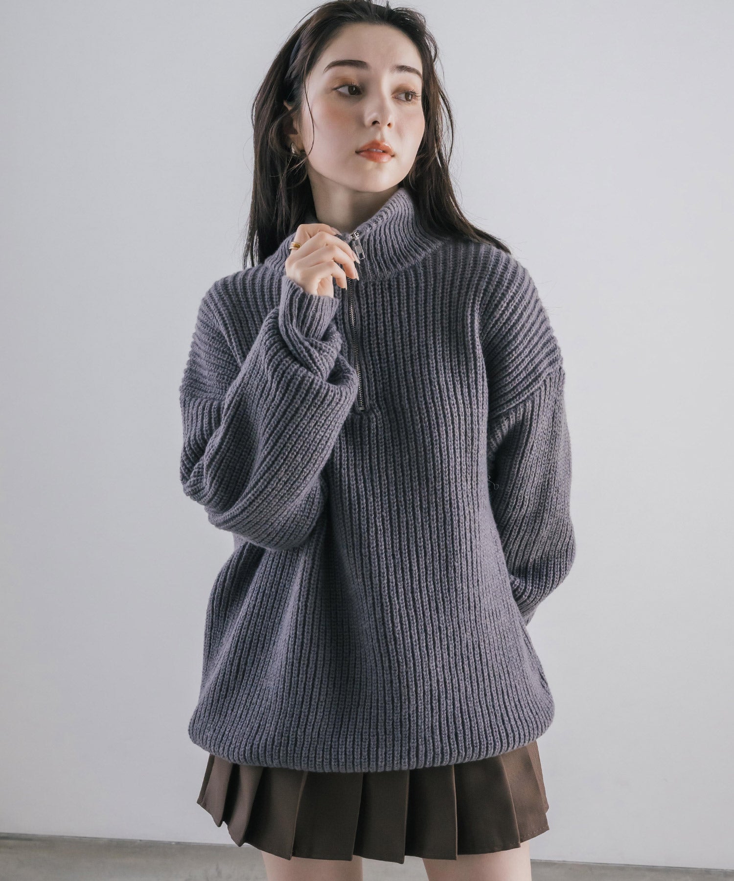 新色追加 オーバーサイズ畦編みハーフジップニットセーター 14553