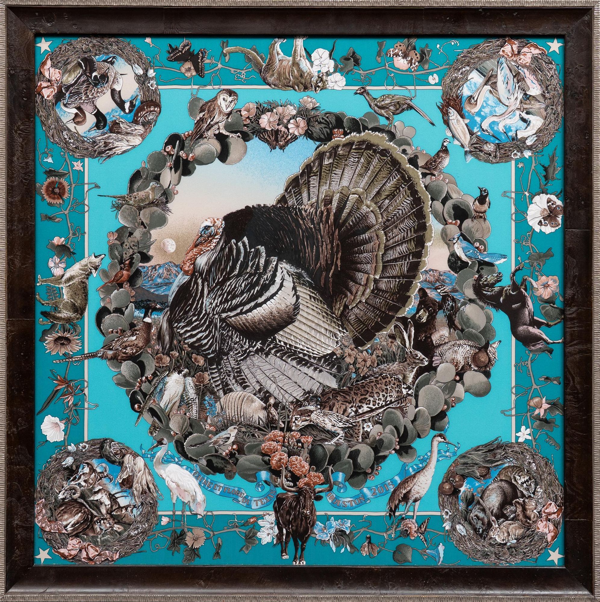 Kermit Oliver / Hermes, Texas Wildlife Silk Scarf, Framed sold at