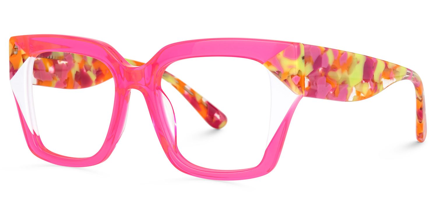 Clody Neon Pink Square Glasses with Wide Floral Arms