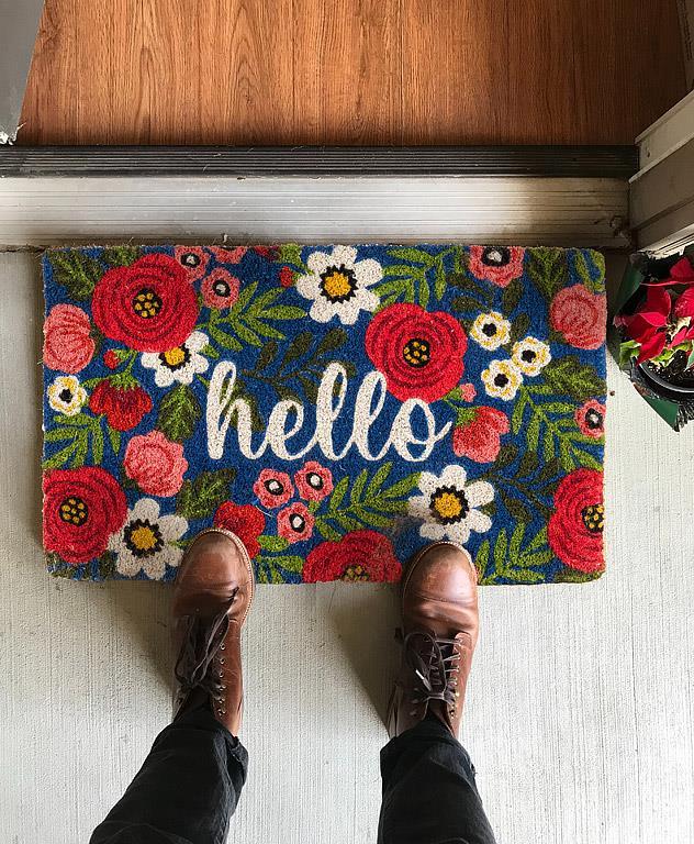 Floral Hello Doormat-Pnk/Navy-18x30