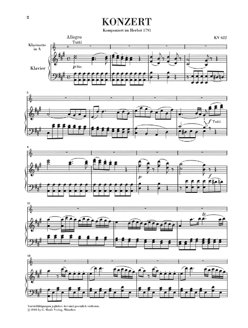 クラリネット協奏曲 イ長調 K. 622（ピアノ・リダクション版