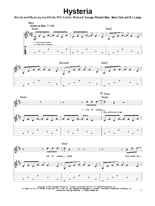 Hysteria by Def Leppard Sheet Music for Guitar Tab (Single Guitar