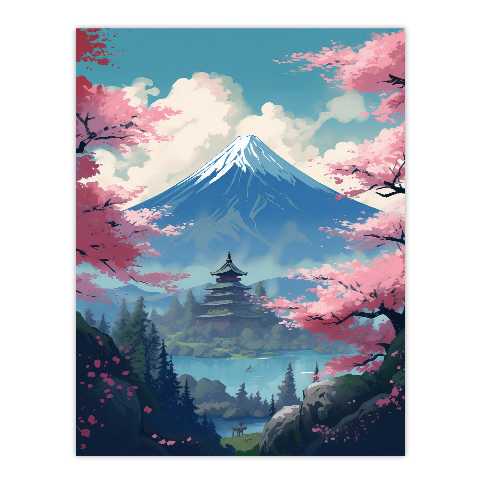Japanese Temple Mount Fuji Lake Cherry Blossom Trees Wall Art