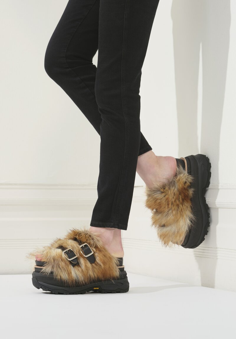 Sacai Faux Fur Platform Slides in Black & Brown | Santa Fe Dry