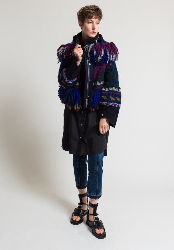 Sacai Geometric Knit Fringe Jacket in Green/ Purple | Santa Fe Dry