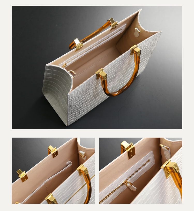 クロコダイル ハンドバッグ 2WAY べっ甲ハンドル バッグ レディース