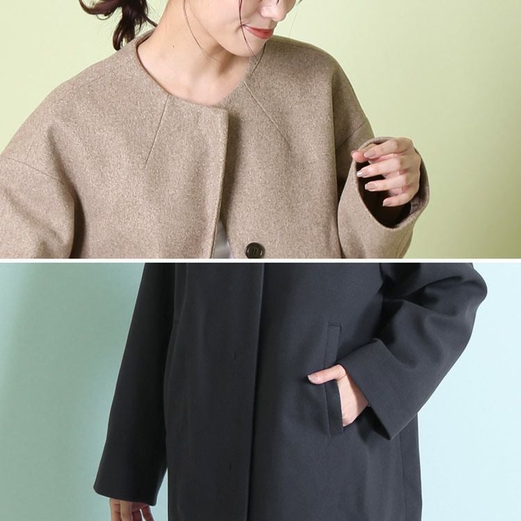 ウールタッチ ノーカラー コート レディース 手洗い可能 (08000276r)