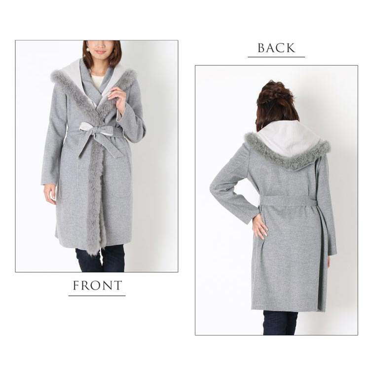 ウール カシミヤ ファー フード付き コート レディース 春/秋冬 全2色