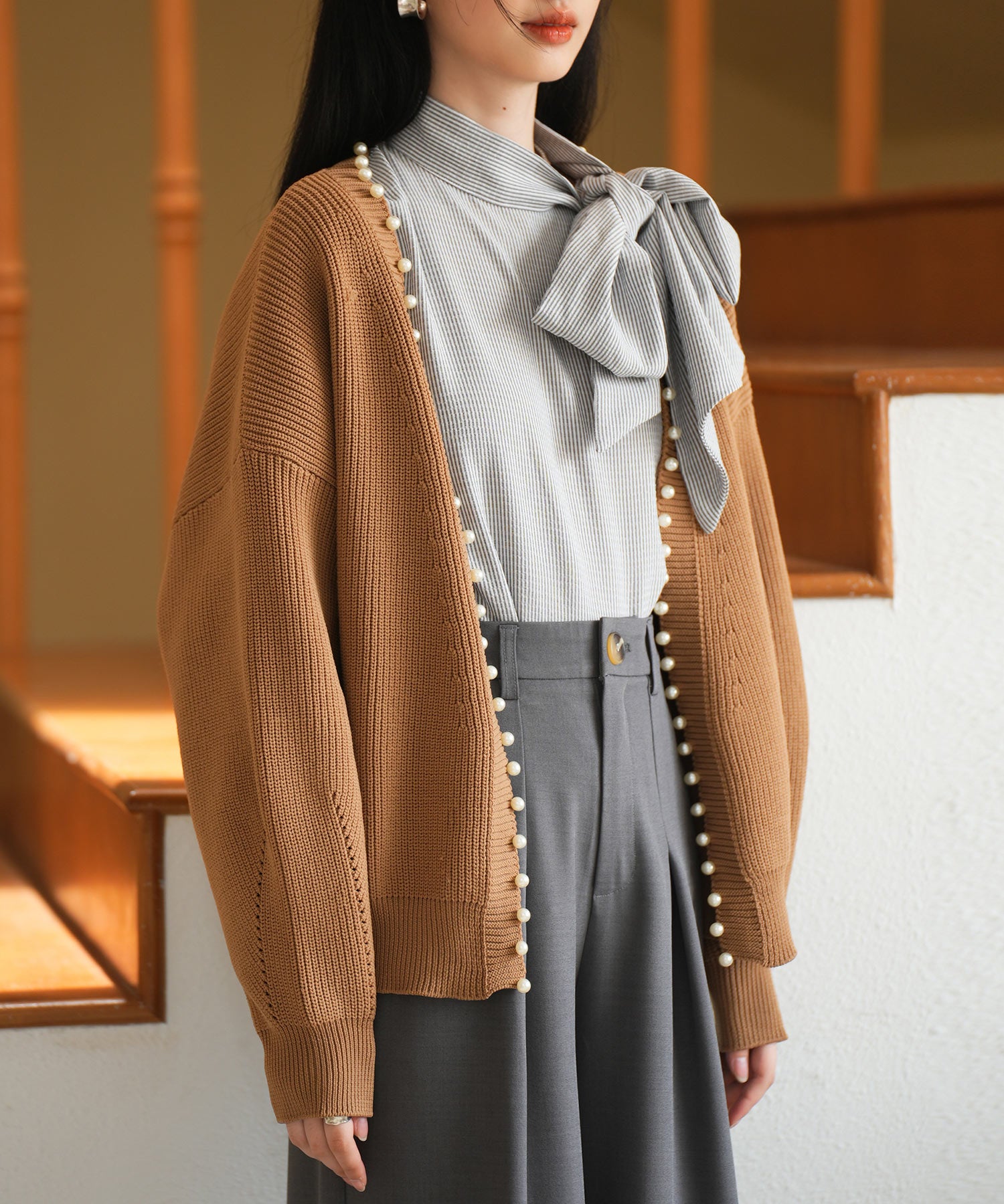 畦編みパールニットカーディガンsdpxyf2953 ブラウン – [公式]SAISON