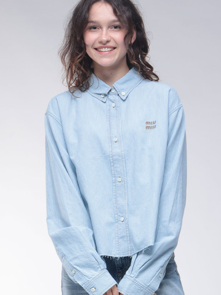 MIU MIU (ミュウミュウ) ロゴ刺繍 ストライプ 長袖 クロップドシャツ