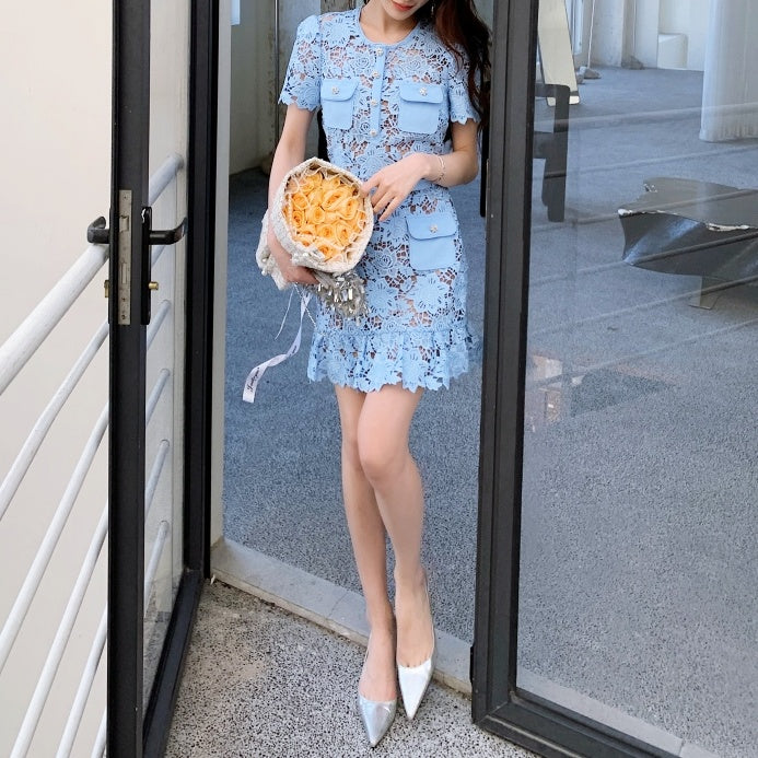 ライトブルーレースベルトミニワンピース – Salang