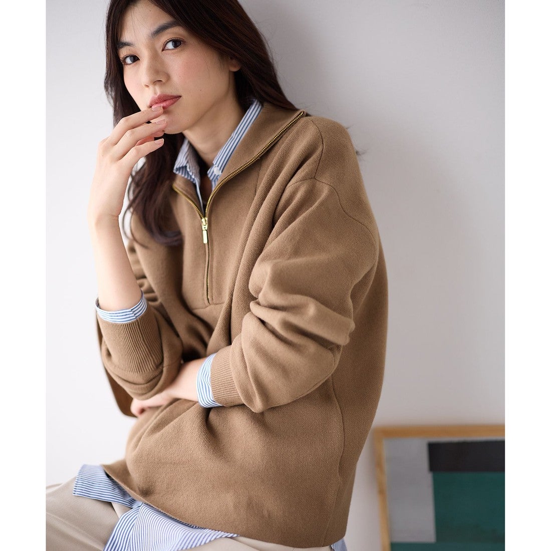 ANY 【洗濯機可】スウェットライクハーフジップニット （キャメル