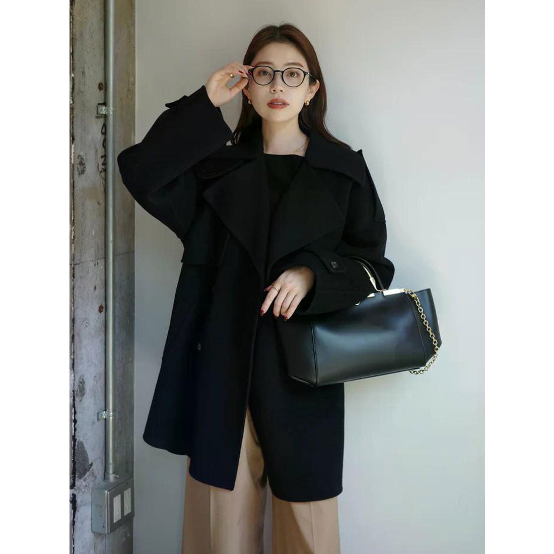 アニュアンス anuans リバーウールミドルトレンチコート （BLACK