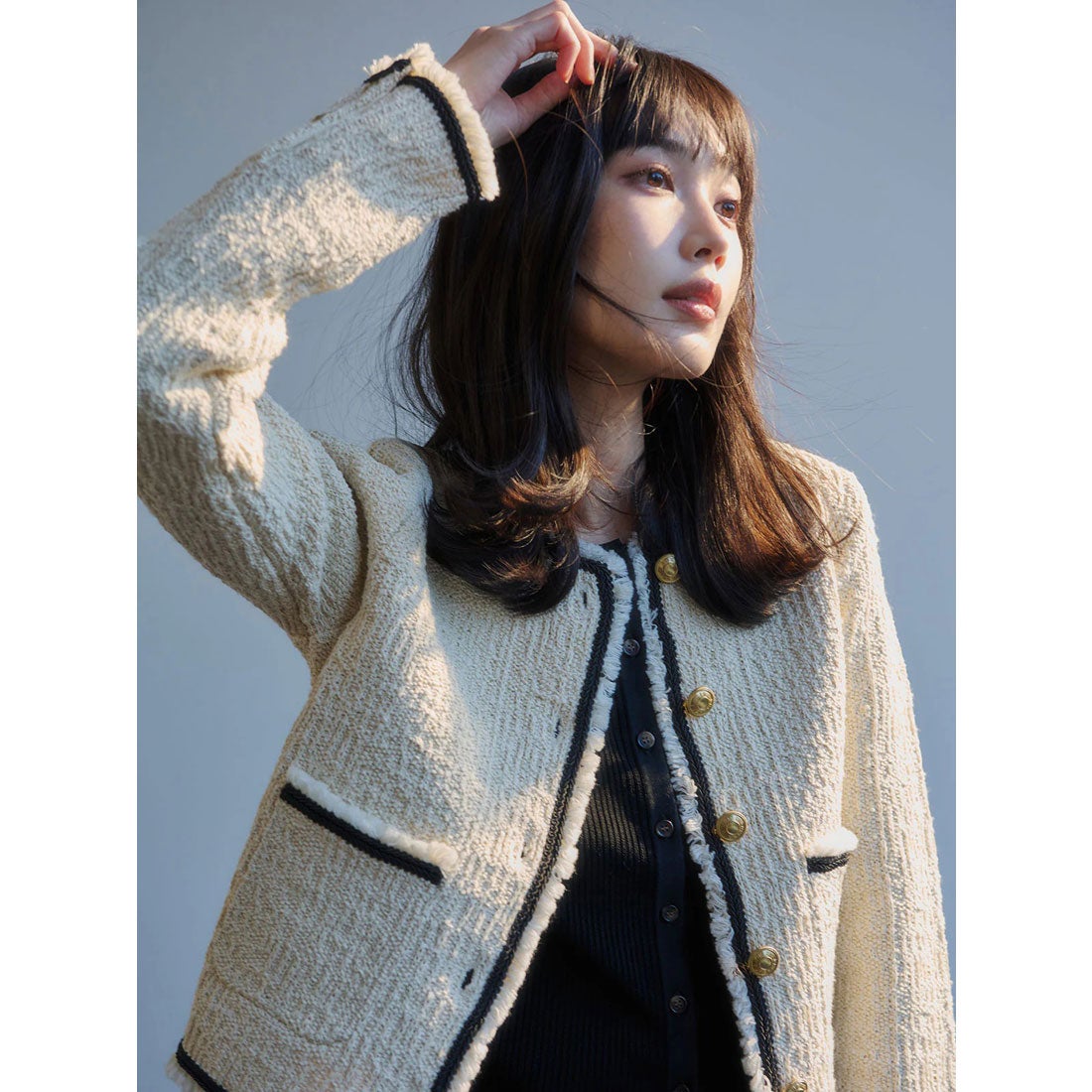 アニュアンス anuans クラシカルノーカラーニットジャケット （NAVY