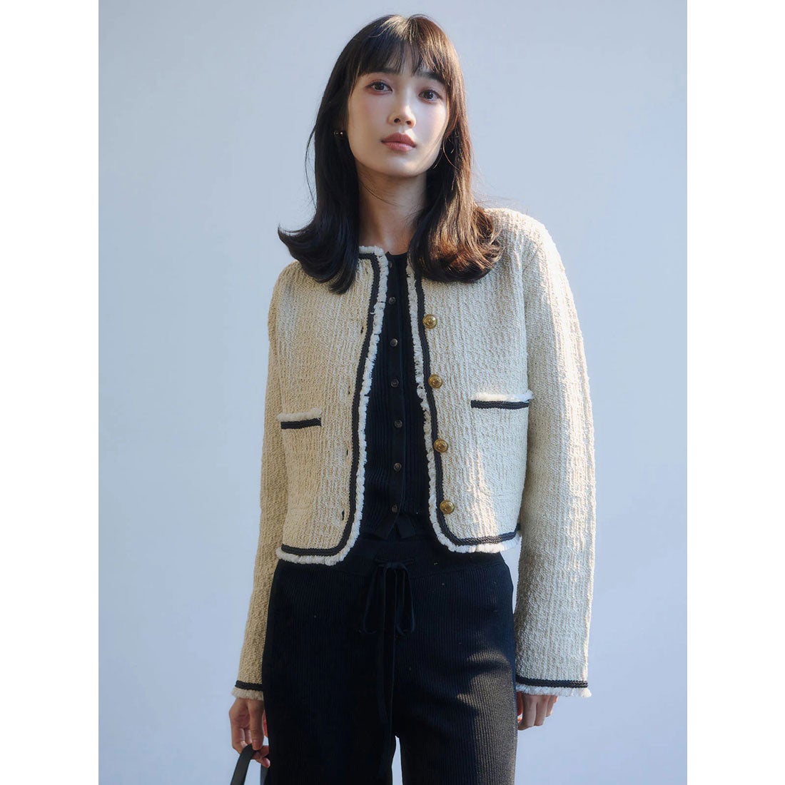 アニュアンス anuans クラシカルノーカラーニットジャケット （NAVY