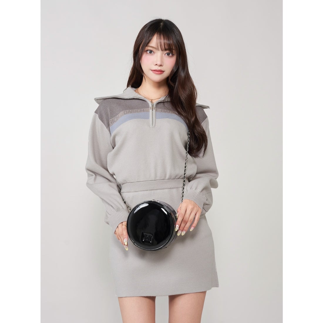 ダーリッチ Darich マルチカラーニットミニワンピース （グレー） -靴